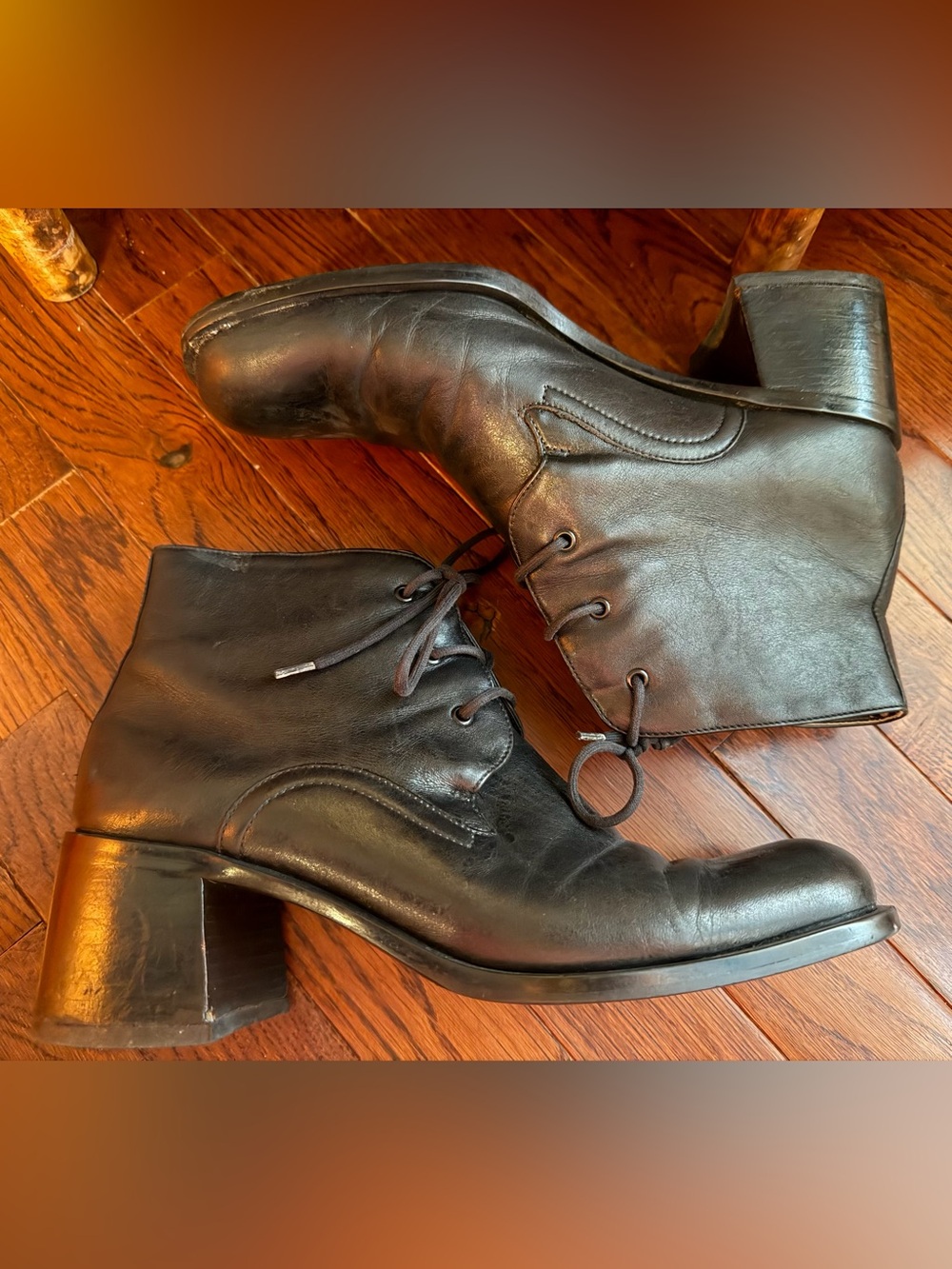 90s Aigner Fall Witchy Whimsigoth Black Leather Lace Up Chunky Ankle Boots 8.5 9